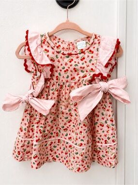 Edgehill Collection Pink Cherry-Print Dress with Red Trim